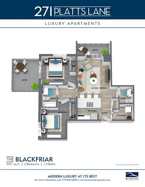Floor plan for 2 beds, 1.5 baths, 970 sqft
